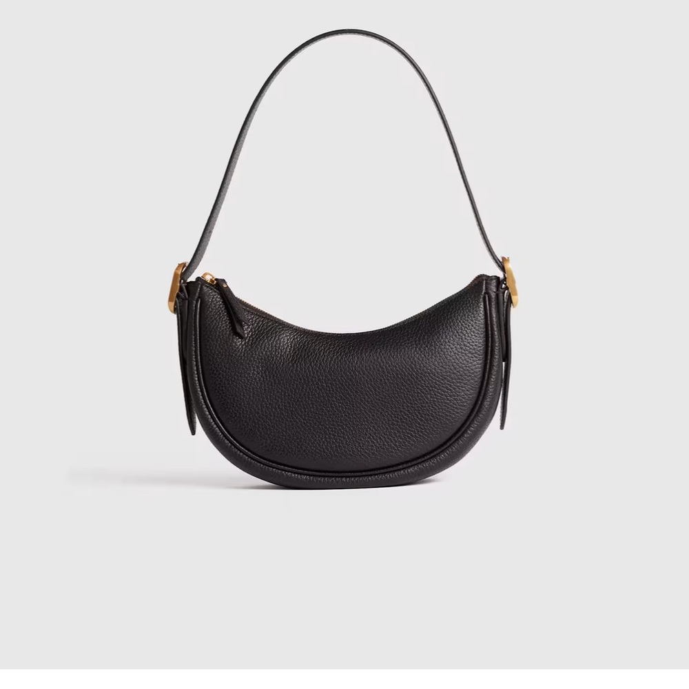 Quince Black Italian Pebbled Leather Mini Crescent Shoulder Bag Gold Hardware - Picture 6 of 6